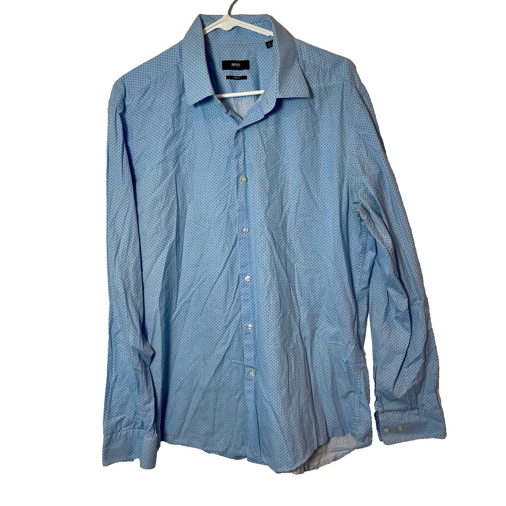 Hugo BOSS Long Sleeve Button Up Dress Shirt Mens 44 Blue Slim Fit Polka Dot‎